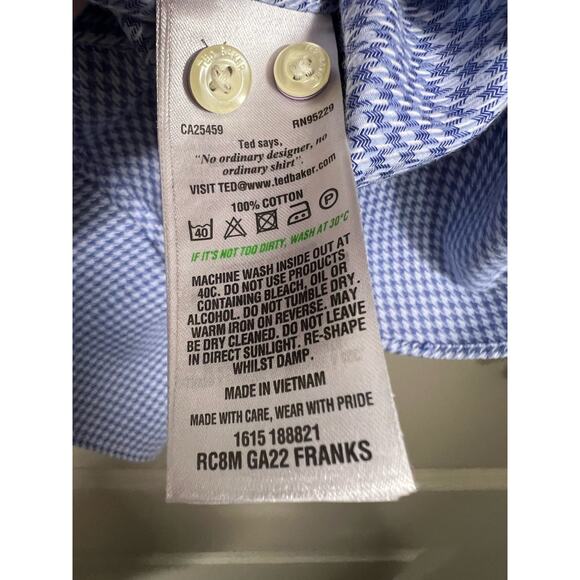 Ted Baker Blue Gingham Check Long Sleeve Button Down Shirt - 15.5, 32/33 - Picture 8 of 11